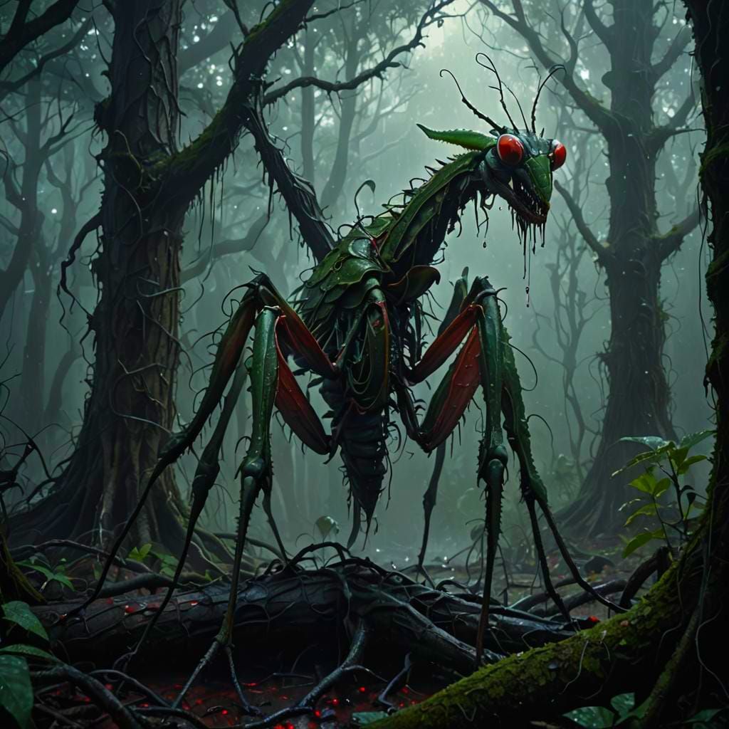 Giant Mantis in Dark Forest, Hyperrealistic Rendering