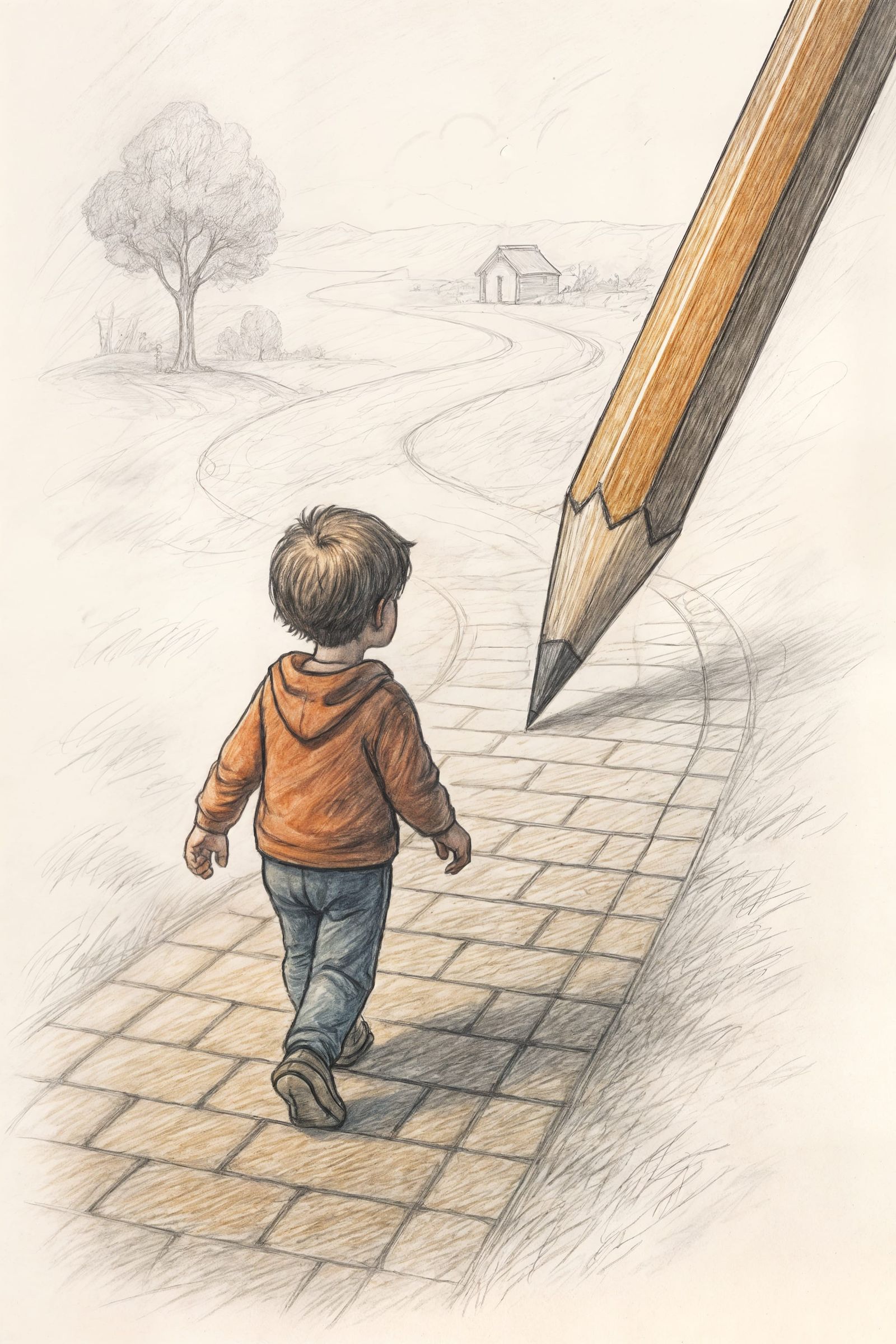 Child's Journey: Path Created by Giant Pencil
