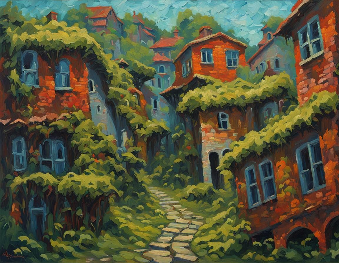 Overgrown City in Neo-Impressionist Style