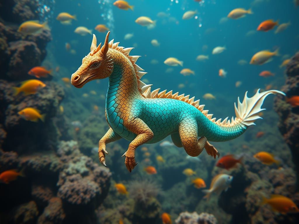 Underwater World with Turquoise Dragon-Seahorse