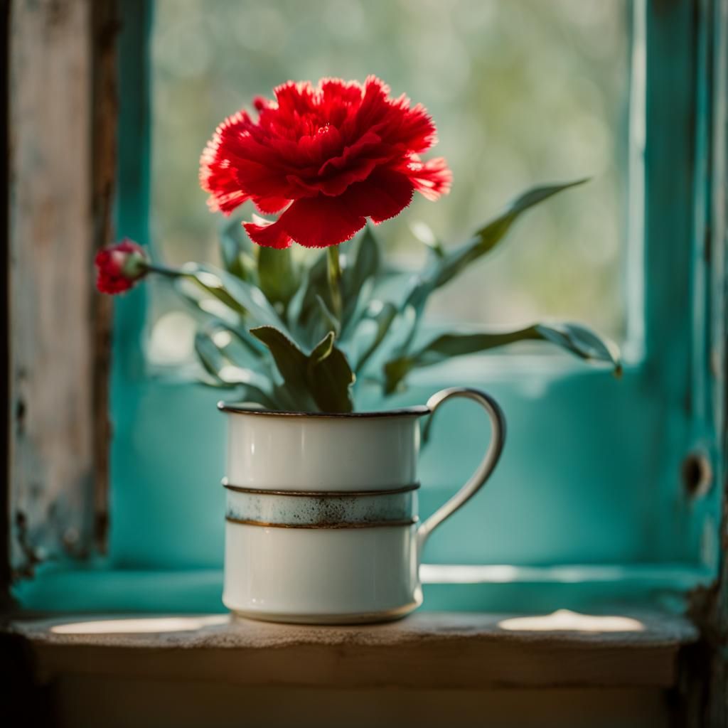 Red Carnation in Mug: Pinhole Photography Style