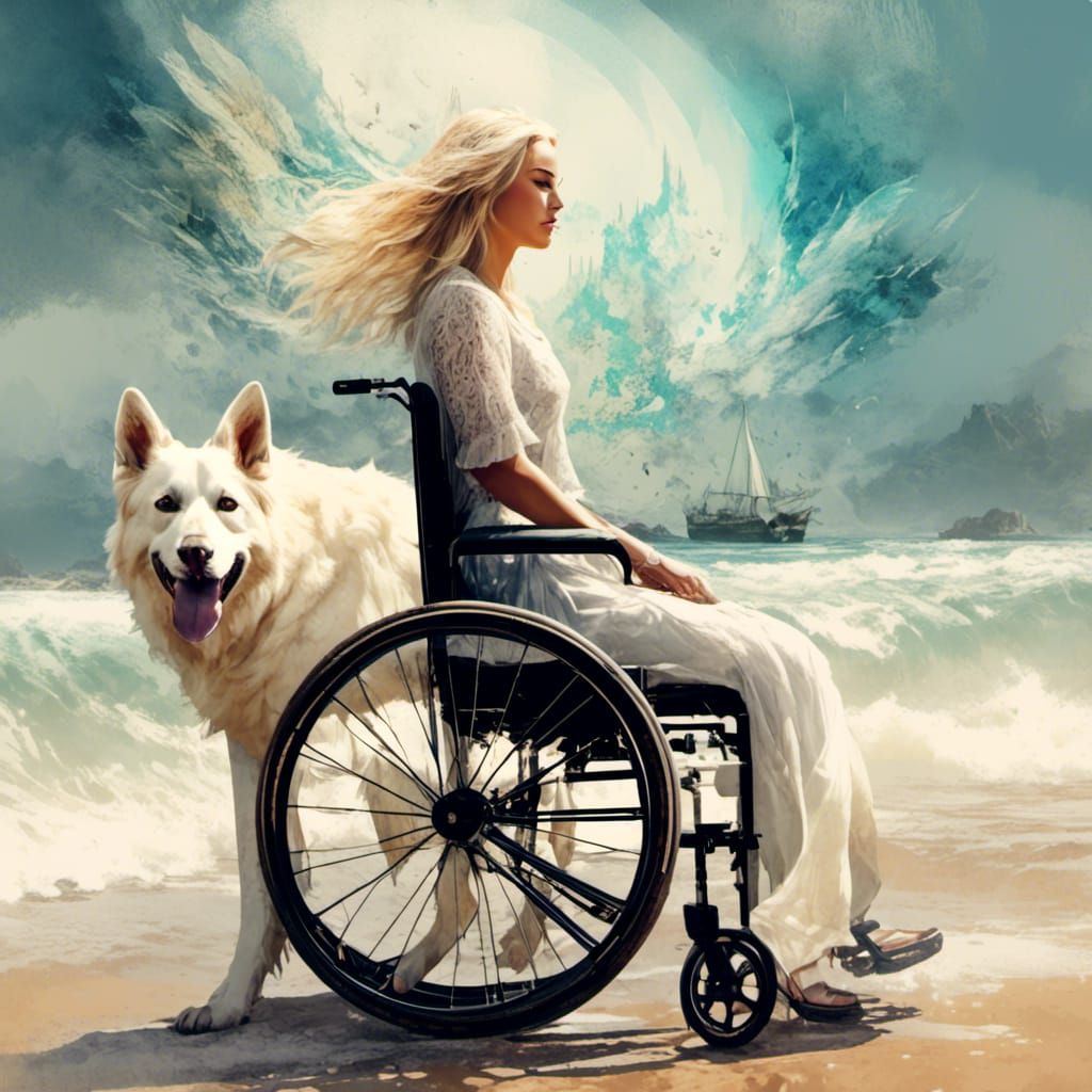 Woman in Wheelchair with Dog, Watercolor Splash Art