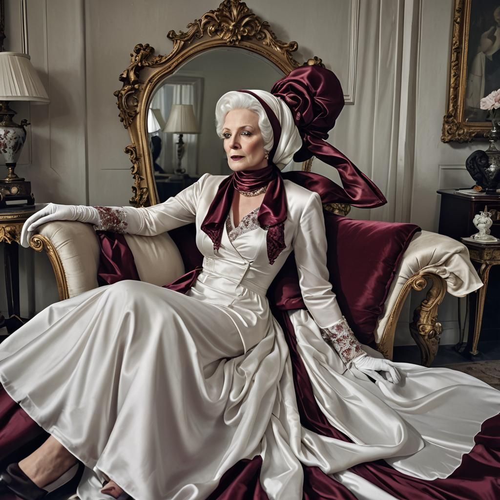 Glamorous Woman in Satin Gown on Chaise Lounge