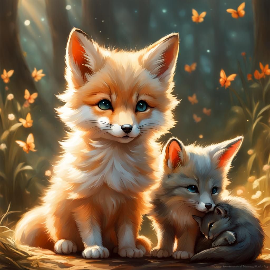 Fox Cub with Kittens and Rabbits: Whimsical Art