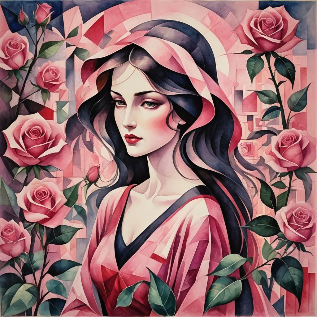 Maiden in Secret Rose Garden: Watercolor Cubism