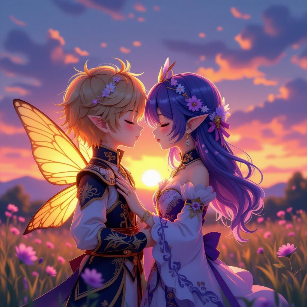 Anime Fairy Kiss at Sunset, 3D Rendered