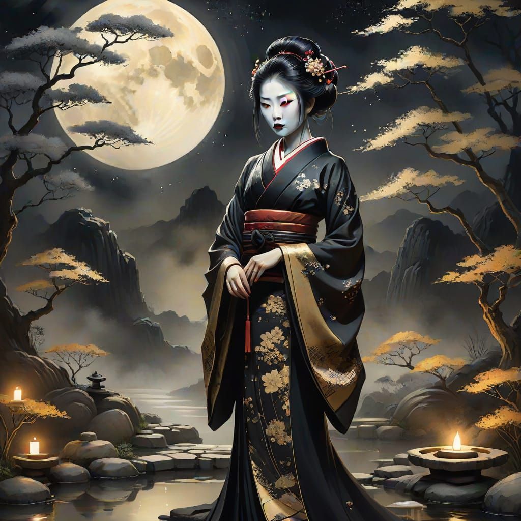 Gothic Geisha in Moonlit Zen Garden