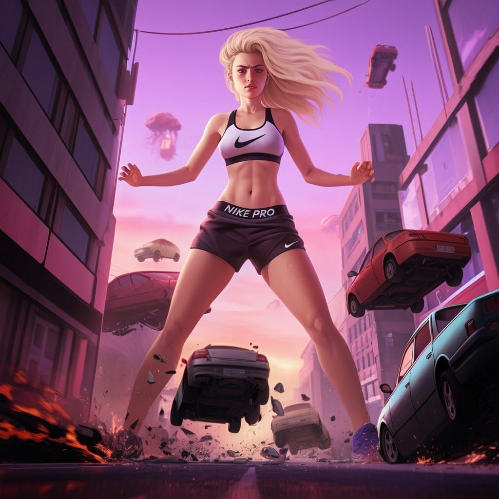 Giant Goddess in Nike Smashes City Cars with Superhuman Stre...