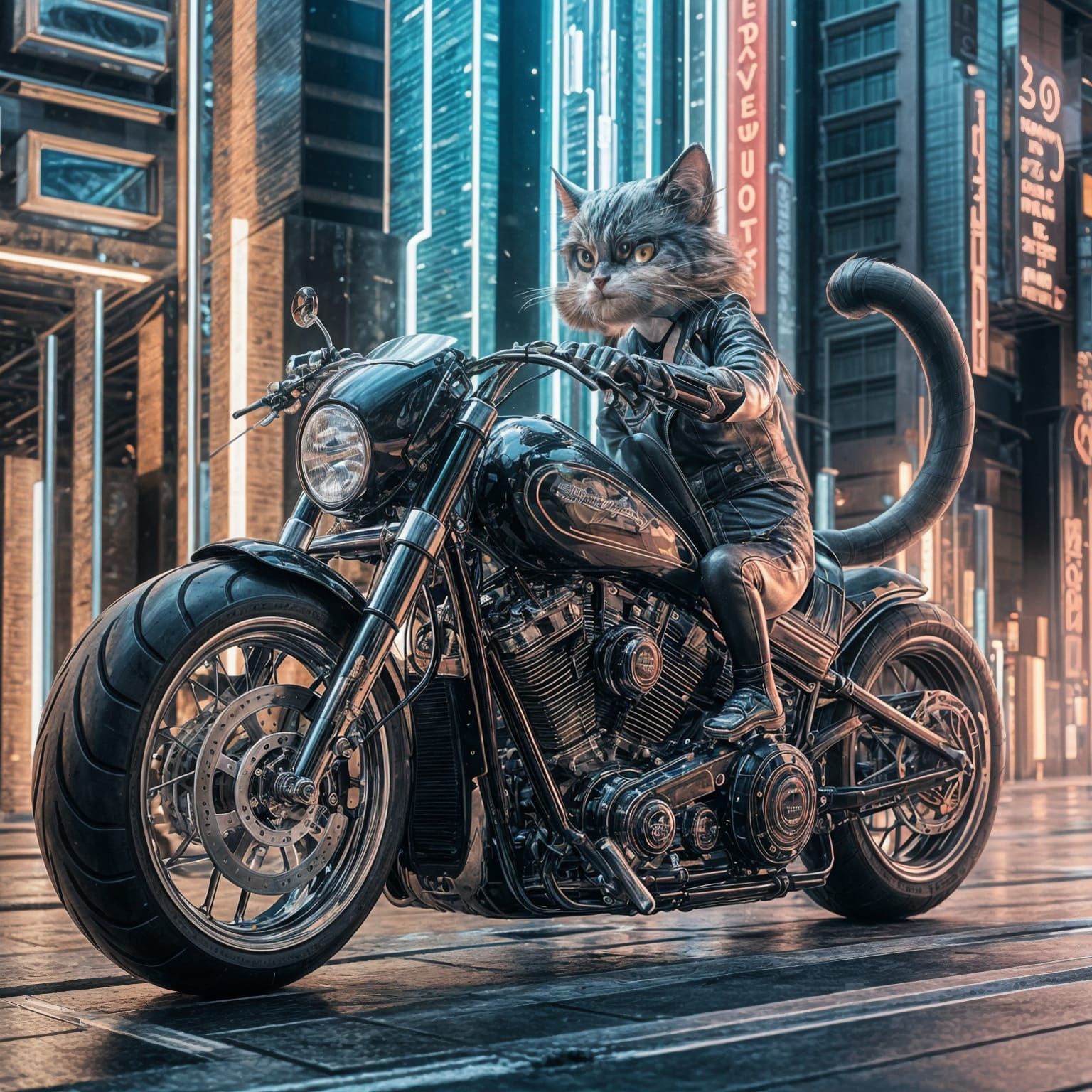 Cool Cat Rides Harley in Neon City: 3D Anime Art