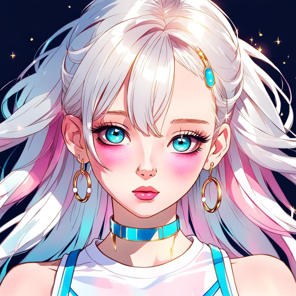 Anime Girl Portrait with Vibrant Highlights in Flat Style