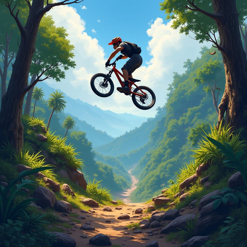 Mountain Biker Launches Through Lush Jungle