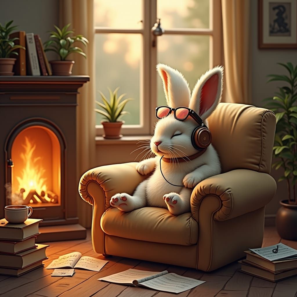 Lofi Bunny in Cozy Van Gogh Setting