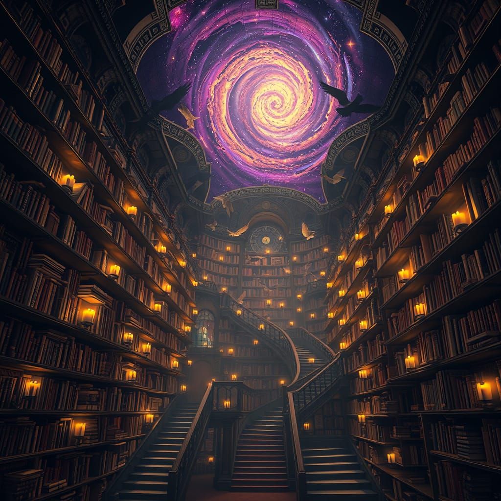 Endless Library: Books as Birds in Dark Fantasy Style