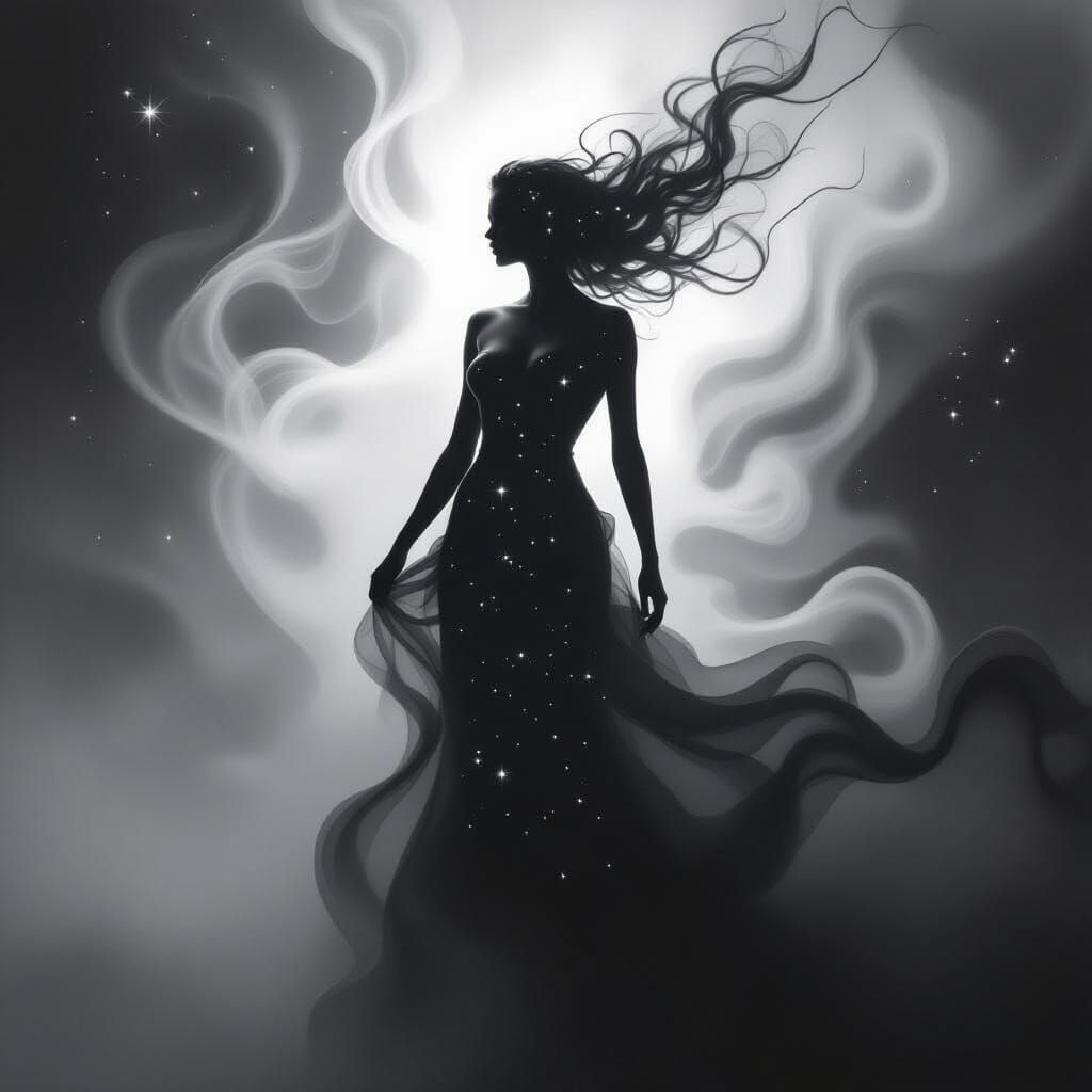 Ethereal Smoke and Starlight Figure in Monochrome