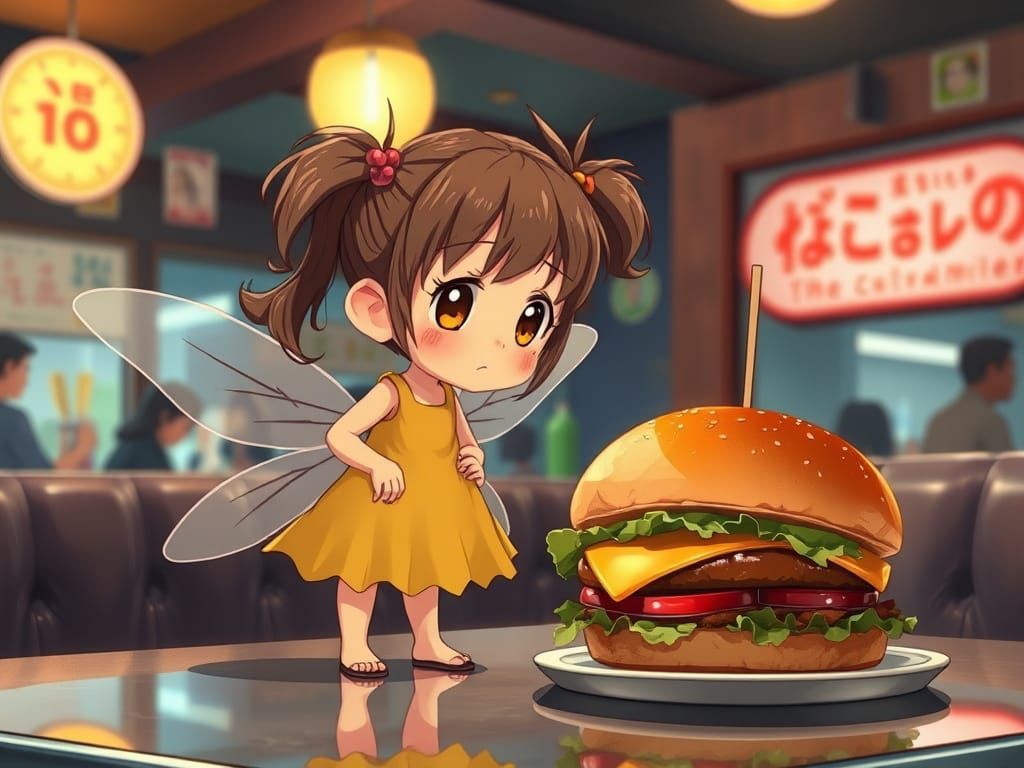 Anime Pixie Amazed by Huge Cheeseburger