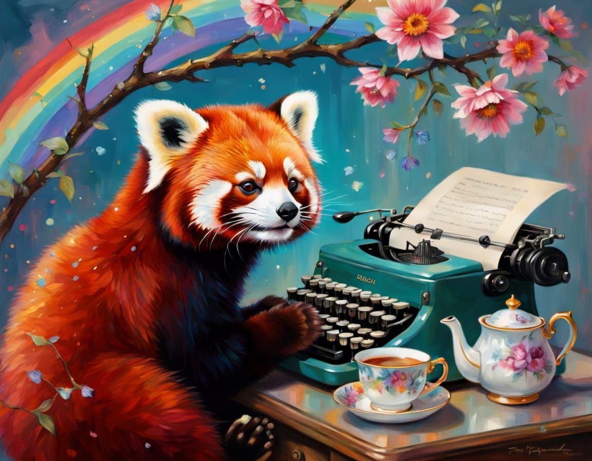 Red Panda Writer in Fantastical Neon Study