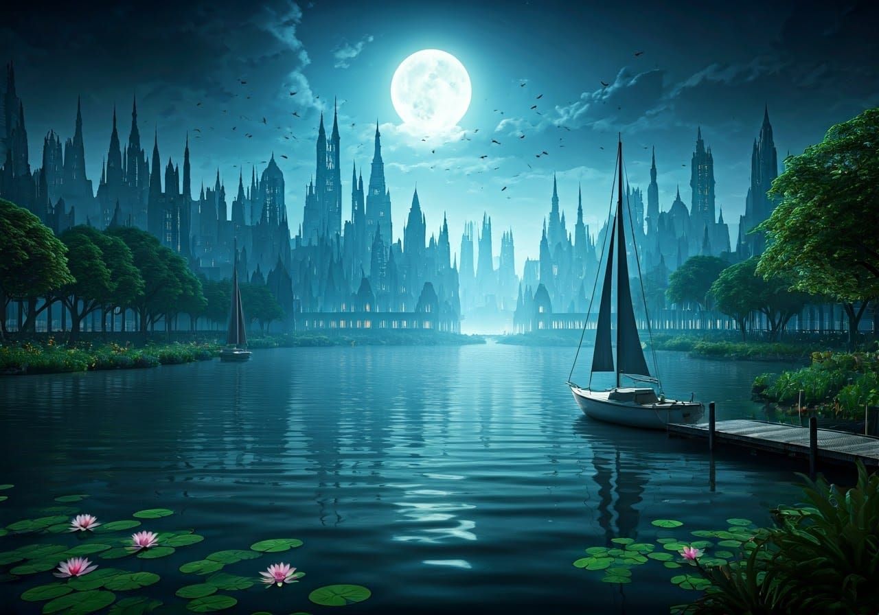 Moonlit Lake in a Gothic Cityscape at Dusk