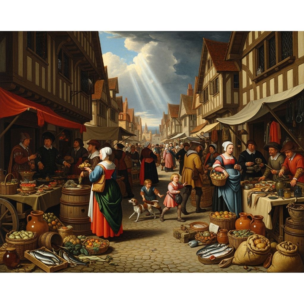 Tudor England Market Scene: Flemish Renaissance Oil Painting