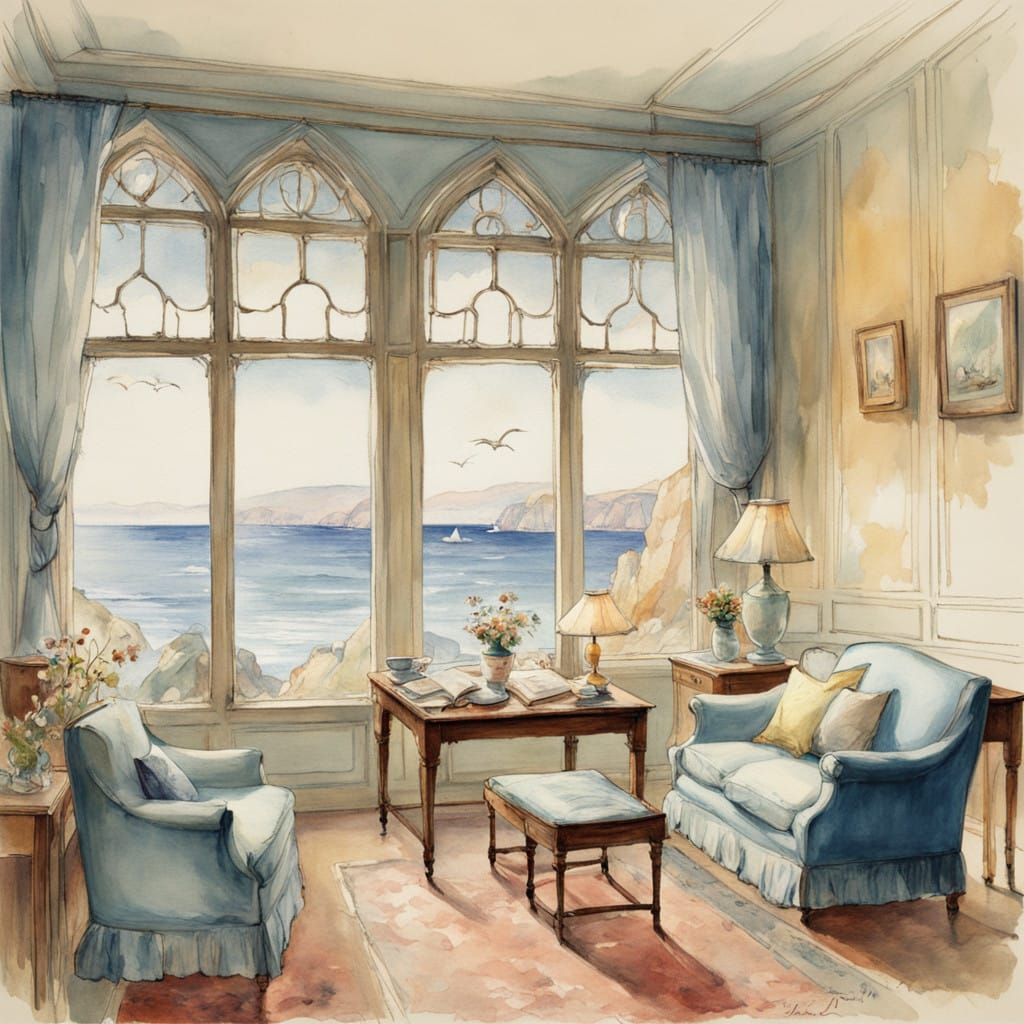 Cozy Watercolor Seascape with Plush Interiors