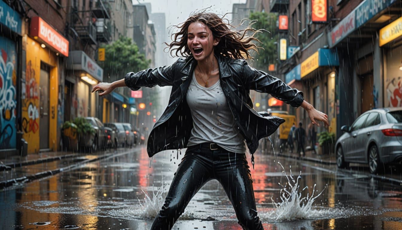 Woman Dancing in Rain, Splash Art Style