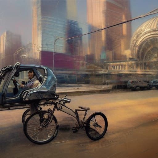 Bicycle Car Hybrid: Oil on Canvas Art