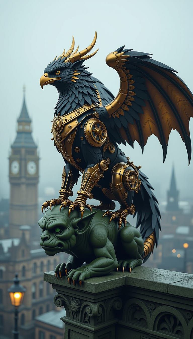 Steampunk Griffin Perched on Gargoyle in Foggy Victorian Lon...