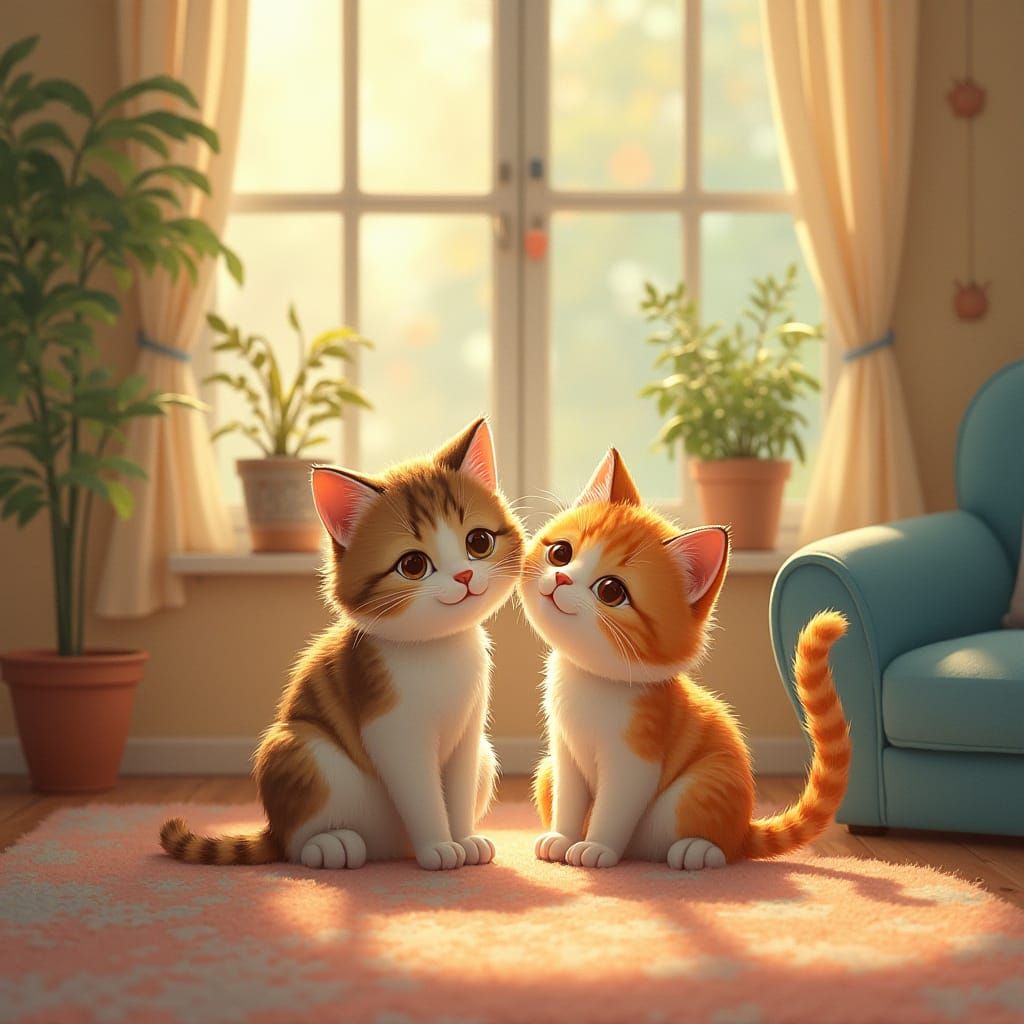 Playful Cats in Cozy Room, Illustration Art