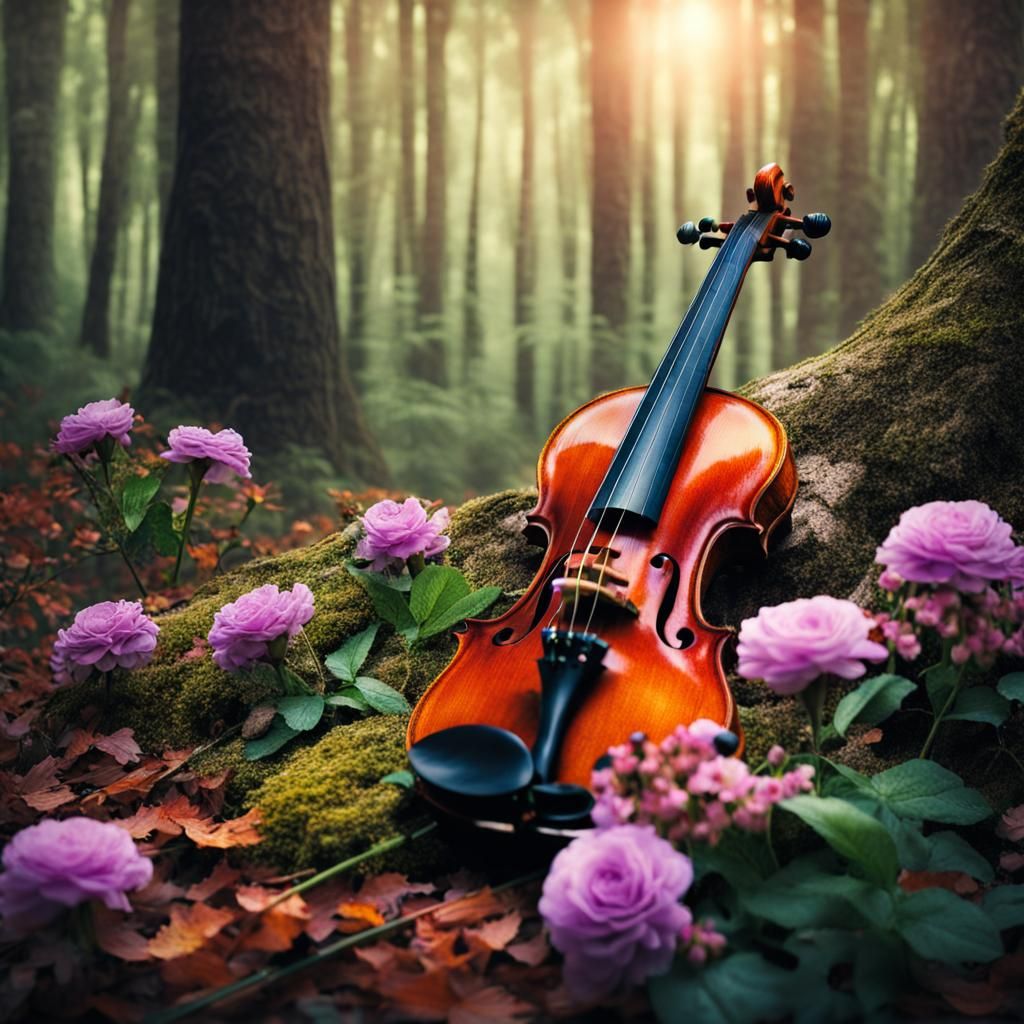Violin in Floral Forest: Hyperrealistic HDR Image