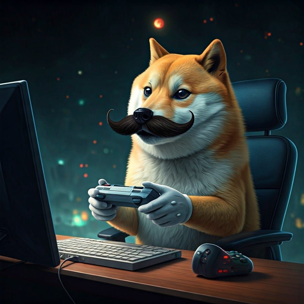 a doge playing Mario with the full gaming setup, with a big ...