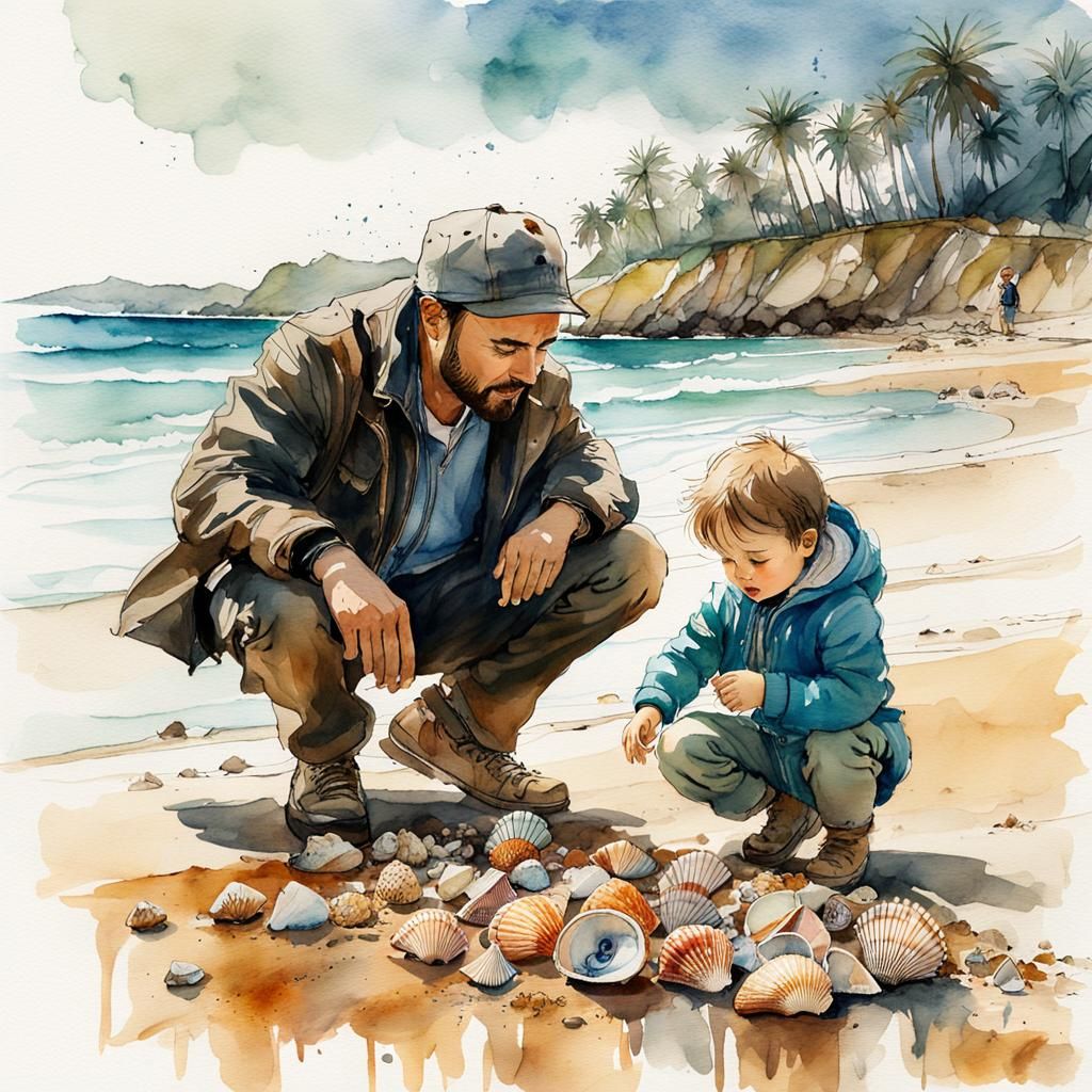 Father and Toddler Discovering Shells: Watercolour Beach Sce...