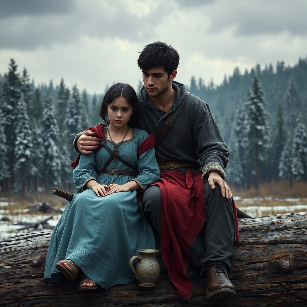 Caring Moment in Winter Forest