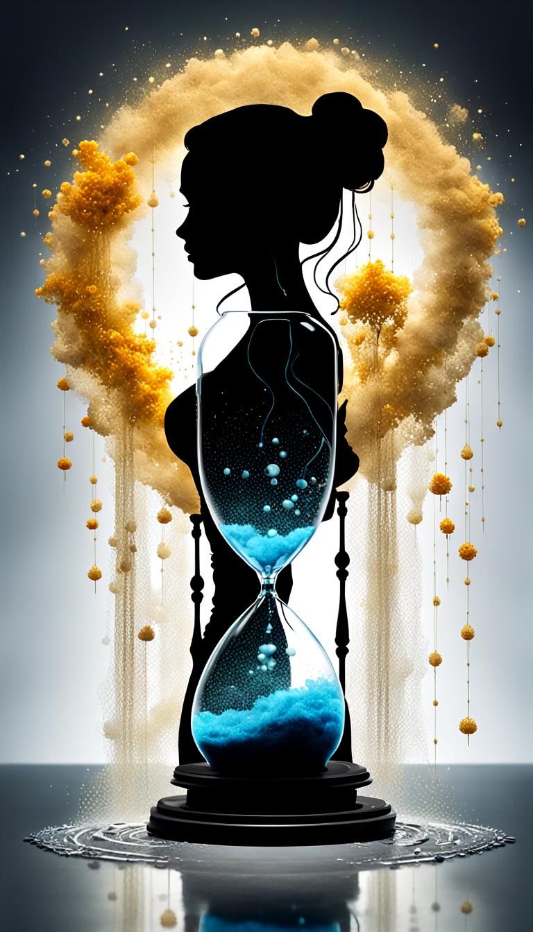 Create an image of ((a very beautiful and extraordinary woman silhouette hourglass)). translucent ethereal, integrated v...