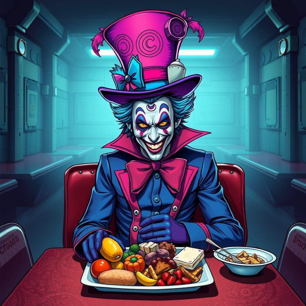 Retro-Futuristic Mad Hatter in Vault Cafeteria