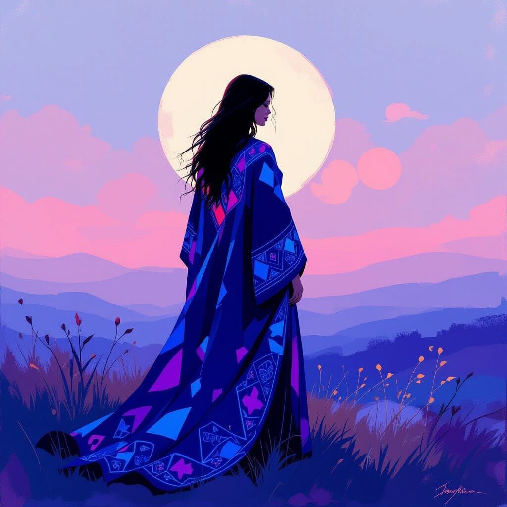 Sorceress in Twilight Sky with Abstract Shapes