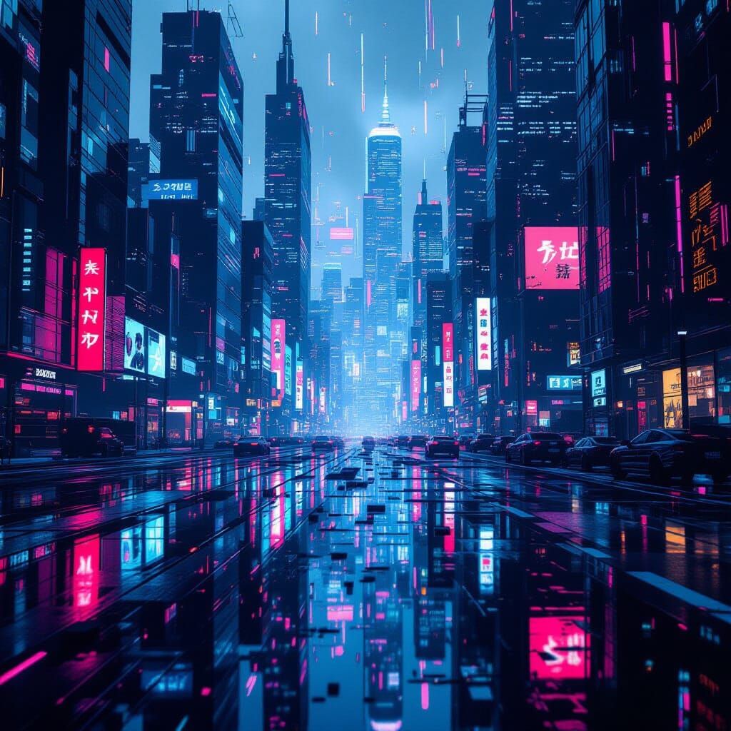 Neon Cyberpunk Cityscape with Mirrored Reflections