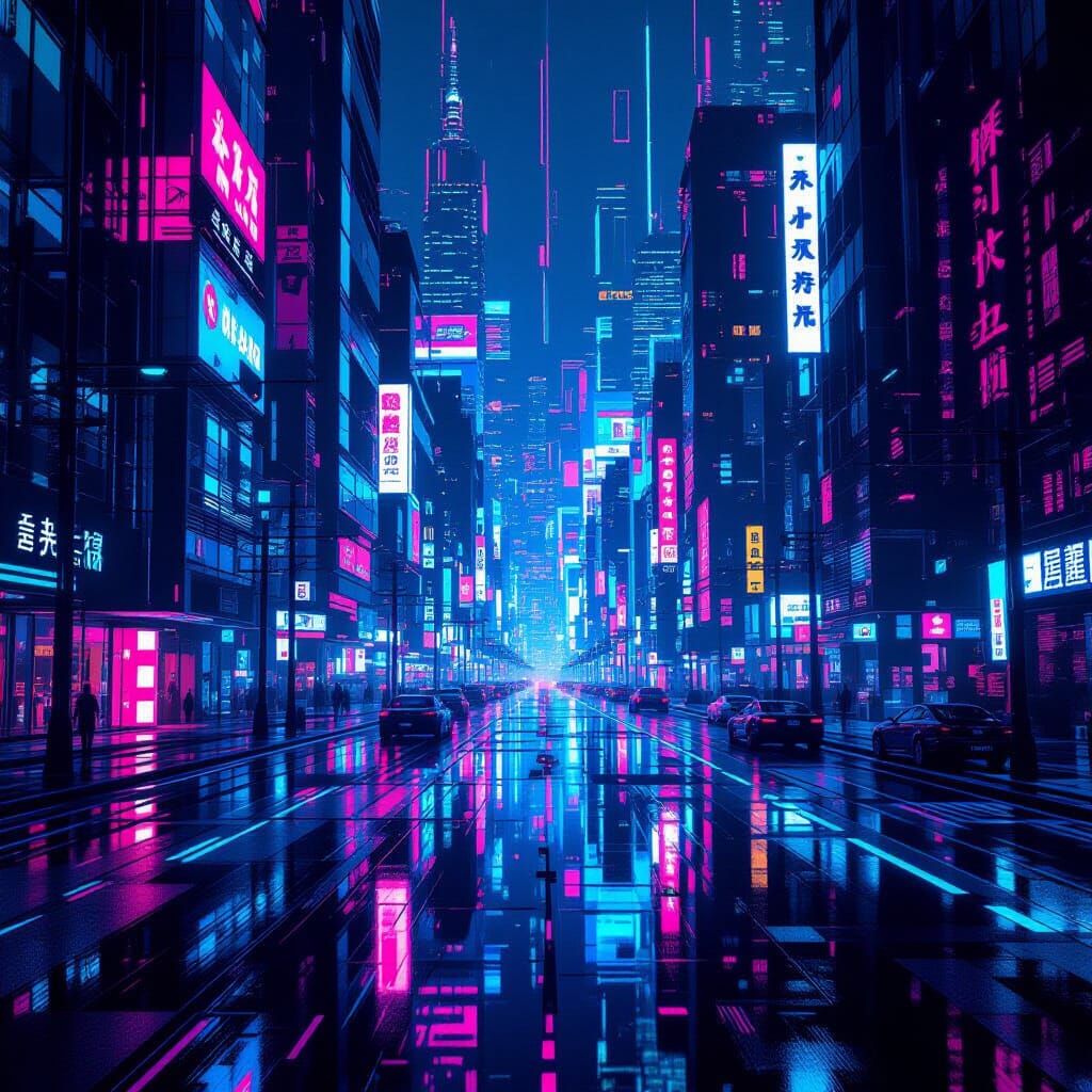 Neon Cyberpunk Metropolis with Mirrored Reflections