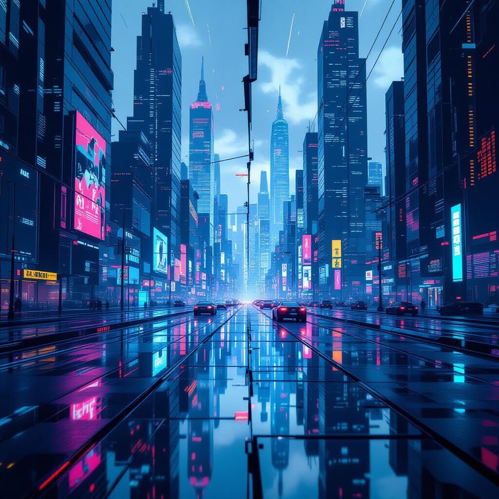 Cyberpunk Metropolis with Neon Reflections and Glitch Art