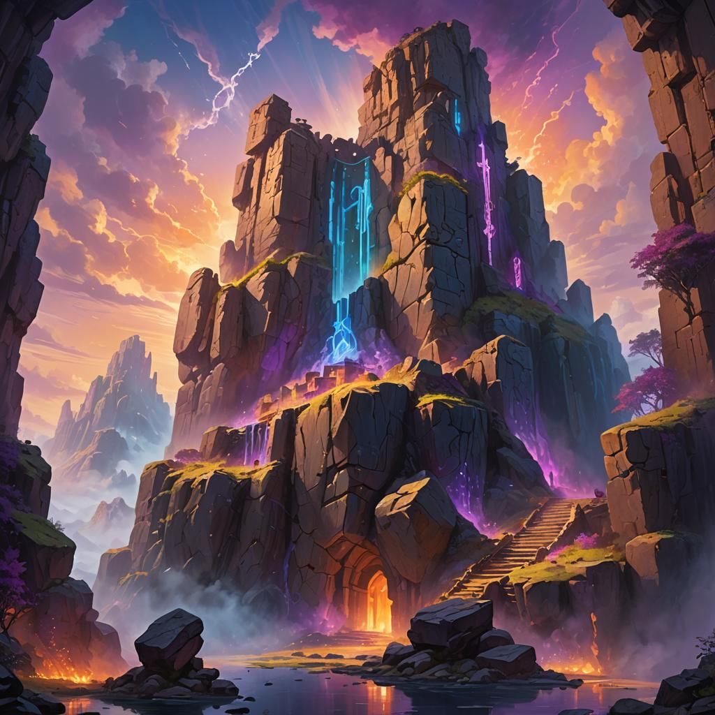 Mystical City Fortress of Runed Rock: Fantasy Art