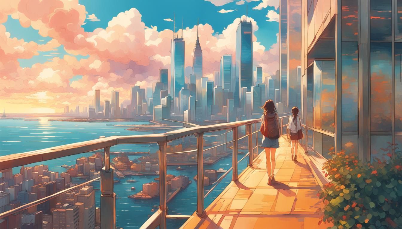 Stunning Woman in Cityscape, Detailed Matte Painting