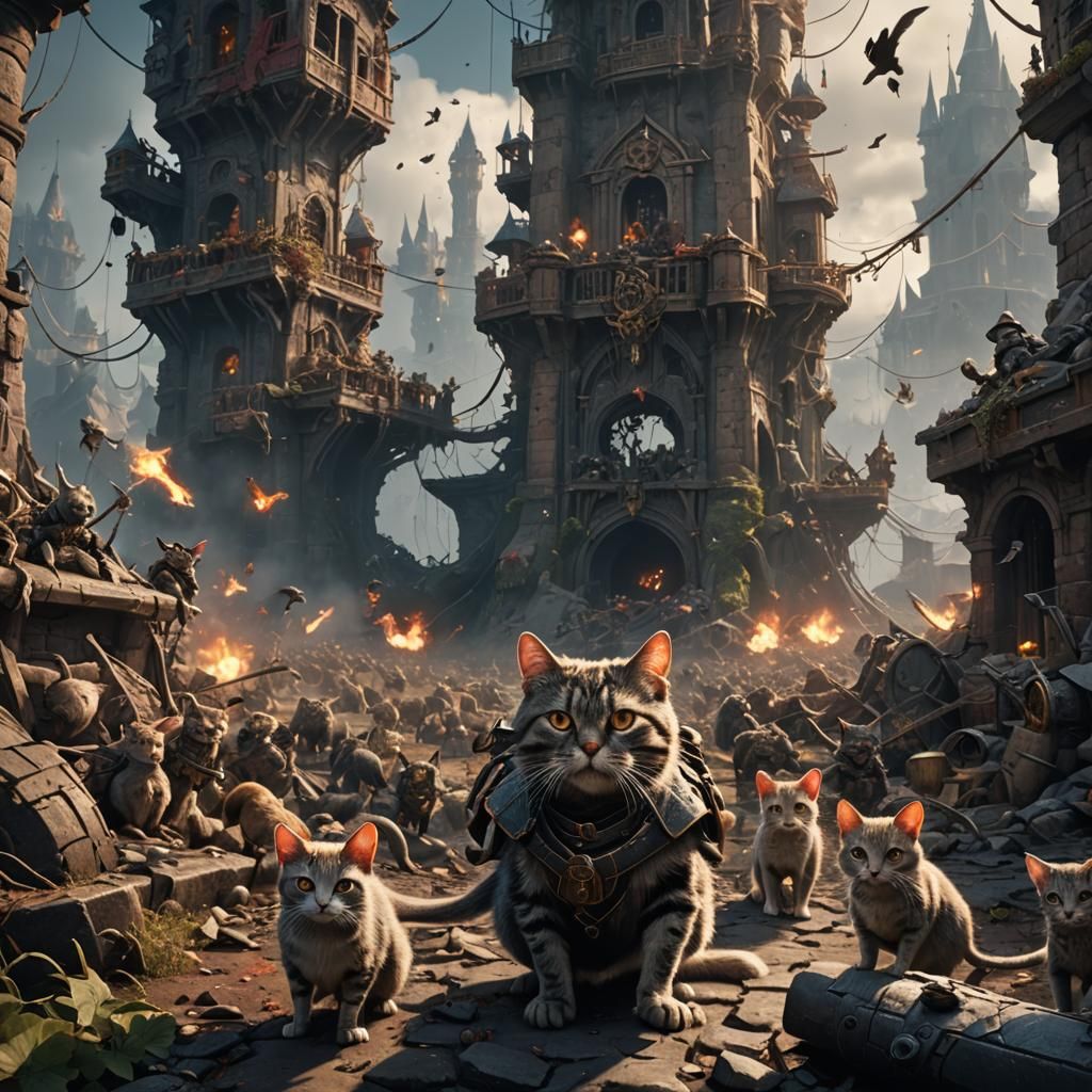 Epic Mice and Cat War in Detailed Matte Painting