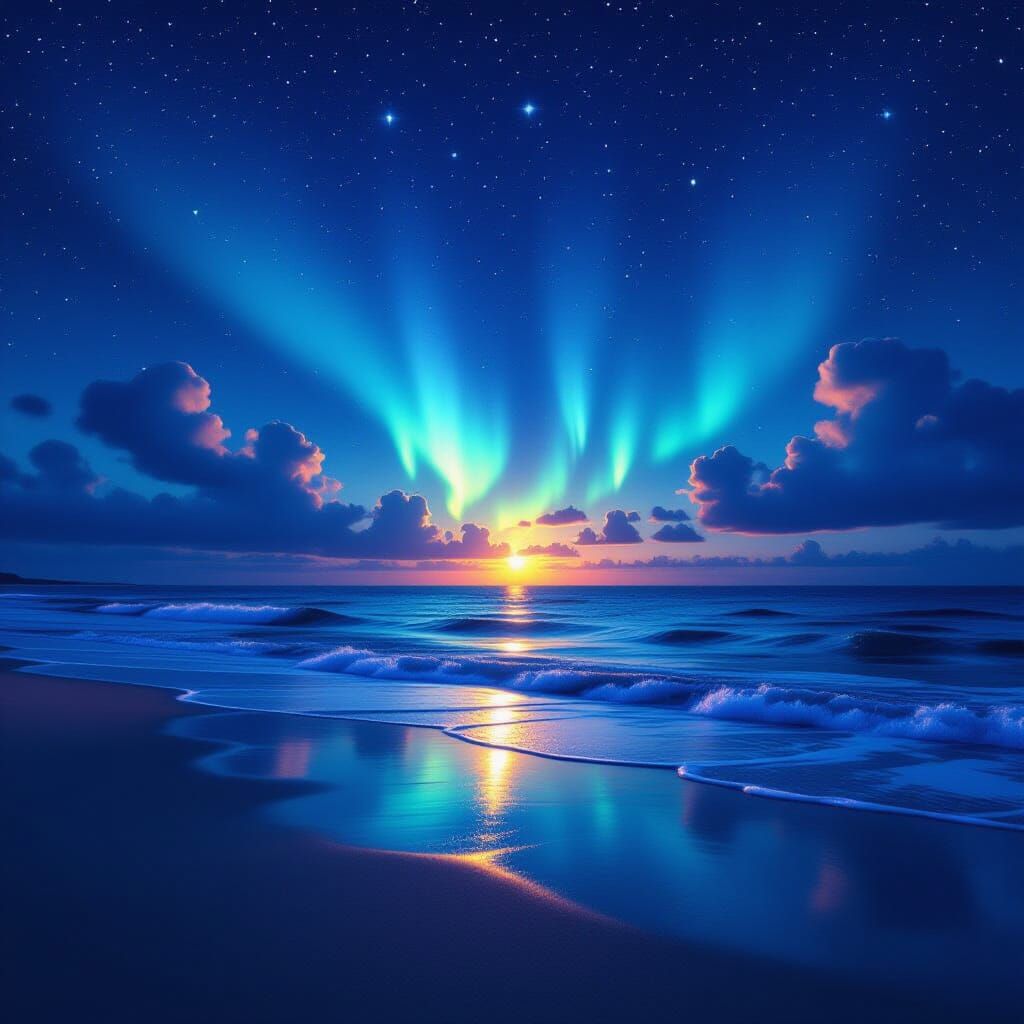 Tropical Beach at Night with Northern Lights and Stars