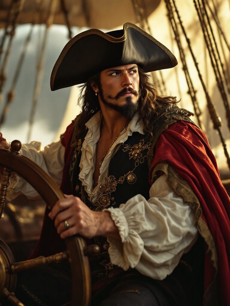 Blackbeard Pirate at Ship Wheel in Soft Focus Style