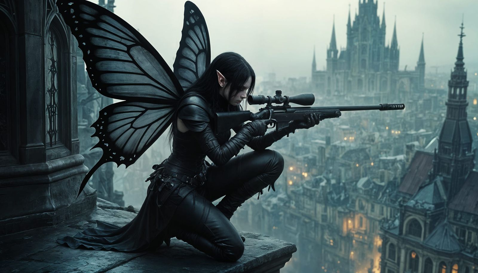 Fairy Assassin with Sniper Rifle in Dark City