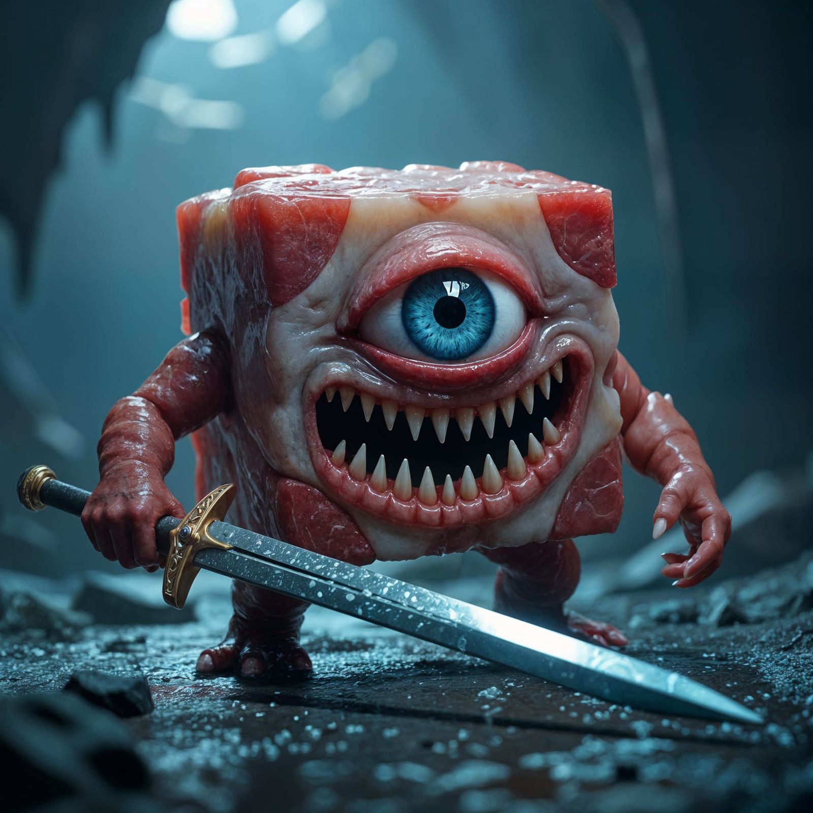 Terrifying Meat Cube Monster with Sword, Hyperrealistic