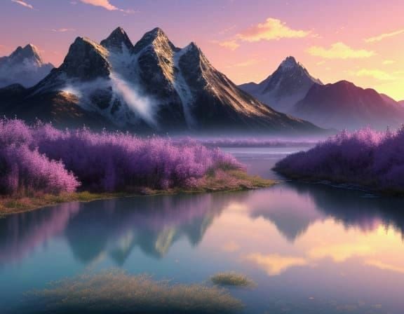 Majestic Spring Sunset Landscape with Serene Mountain Lake
