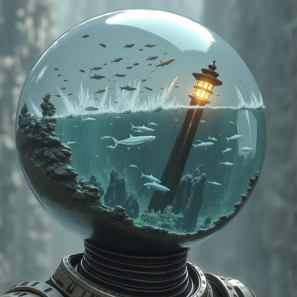 <lora:your mom:1.0> The cyborg’s head is a transparent dome filled with turbulent waves crashing against tiny, rocky cli...