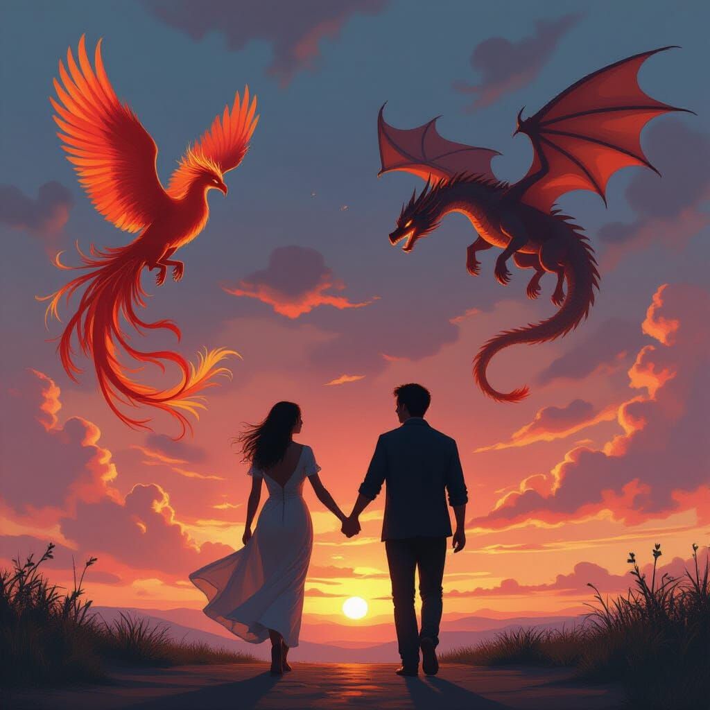 Couple with Phoenix and Dragon in a Fantasy Sky
