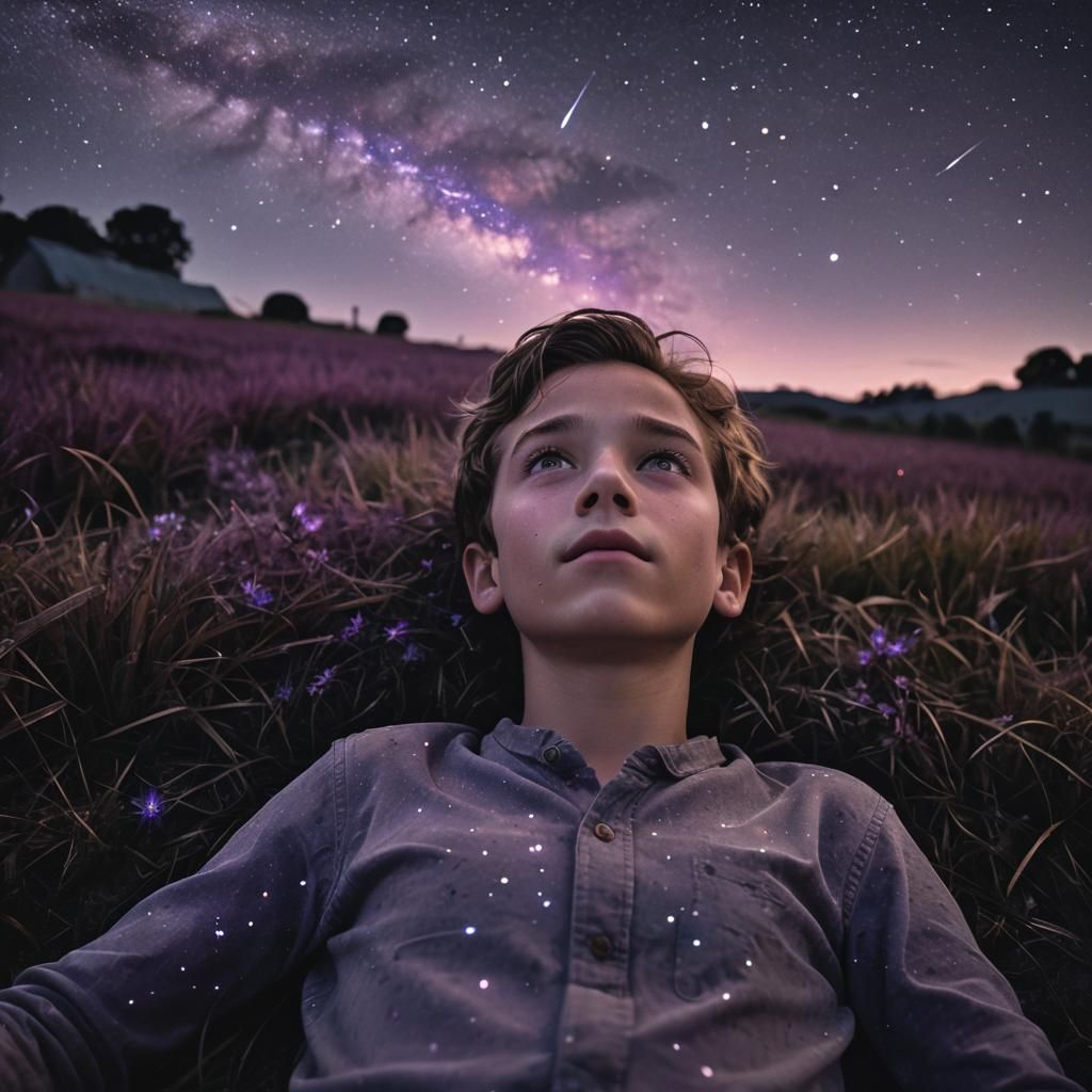 Boy Under Starry Night Sky in Cinematic Style