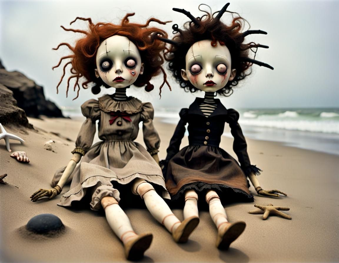 Creepy Doll Puppets Causing Mischief at the Beach