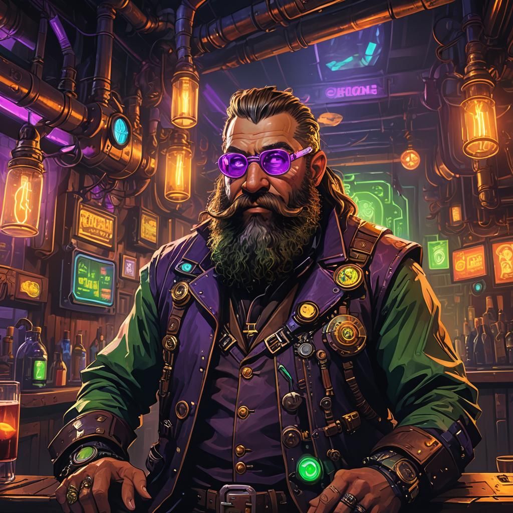 Cyberpunk Dwarf in Steampunk Clothing at Neon Bar
